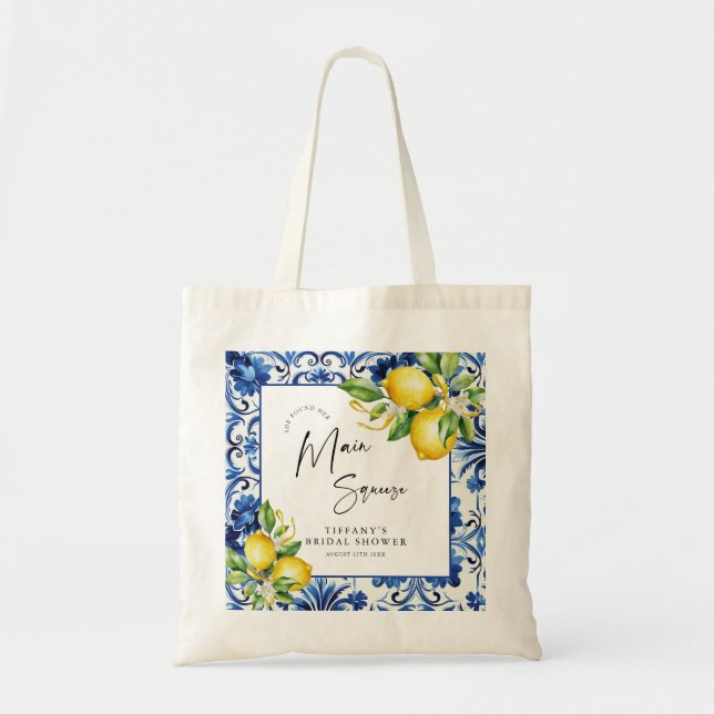 Möhippan Blue Tiles Lemons (medelhavsblåa plattor) Tygkasse (Framsidan)