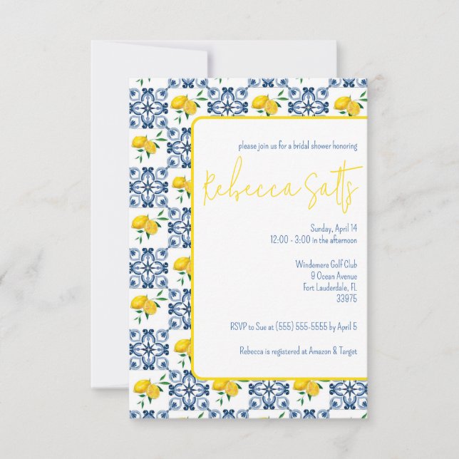 Möhippan Blue White Lemon Mediterranean Tile Inbjudningar (Framsida)