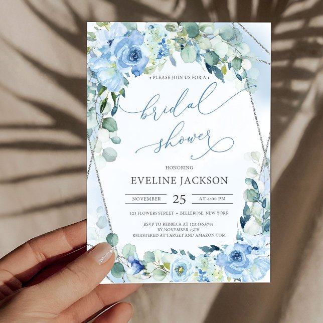 Möhippan Boho blåa blommor eucalyptus silver Inbjudningar (boho watercolor blue flowers eucalyptus and silver frame bridal shower invitation digital)