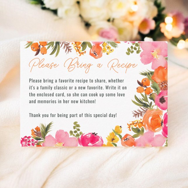 Möhippan Boho-Blommigt med fet Orange ger en Recep Tilläggskort (Bold Orange Boho Floral Bridal bring a Recipe Enclosure Card)
