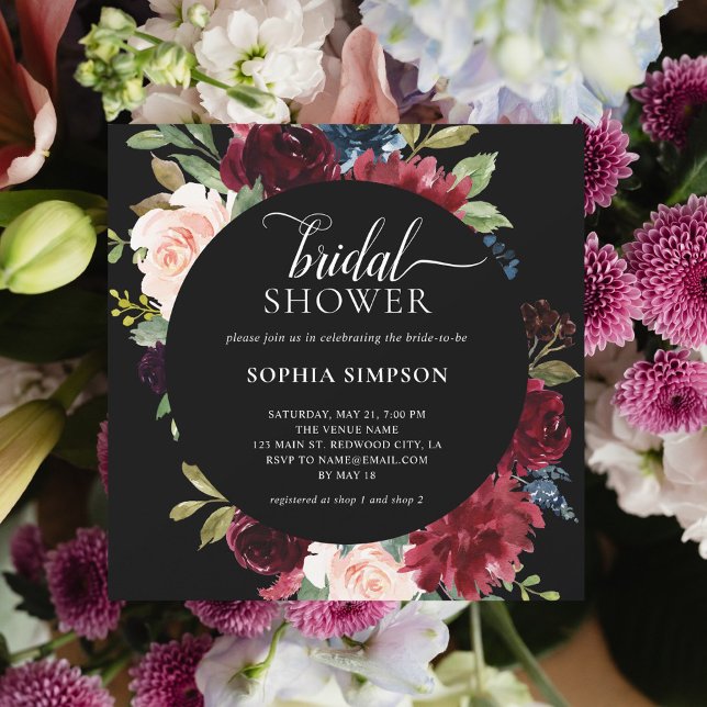 Möhippan Boho Burgundy Blåa blommor Inbjudningar (Skapare uppladdad)