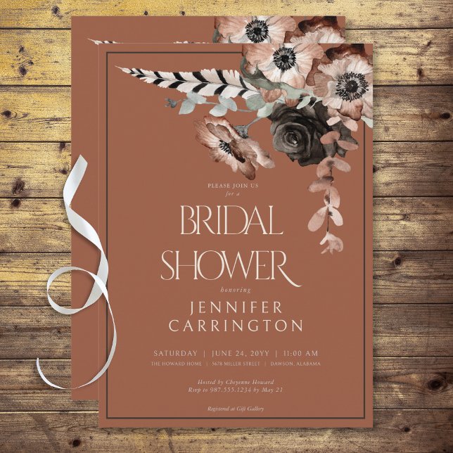 Möhippan Boho Rust Black & White Flowers Inbjudningar (Boho Rust Black & White Flowers Bridal Shower Invitation)