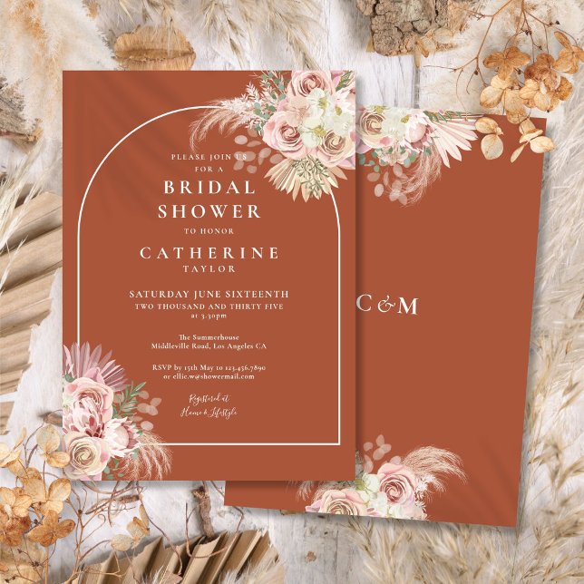 Möhippan Boho Terracotta Pampas Grass Arch Inbjudningar (Boho Terracotta Pampas Grass Arch Bridal Shower Invitation)