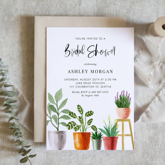 Möhippan Boho Watercolor Poged Plants Inbjudningar (Customizable boho bridal shower invitation featuring watercolor potted houseplants. )