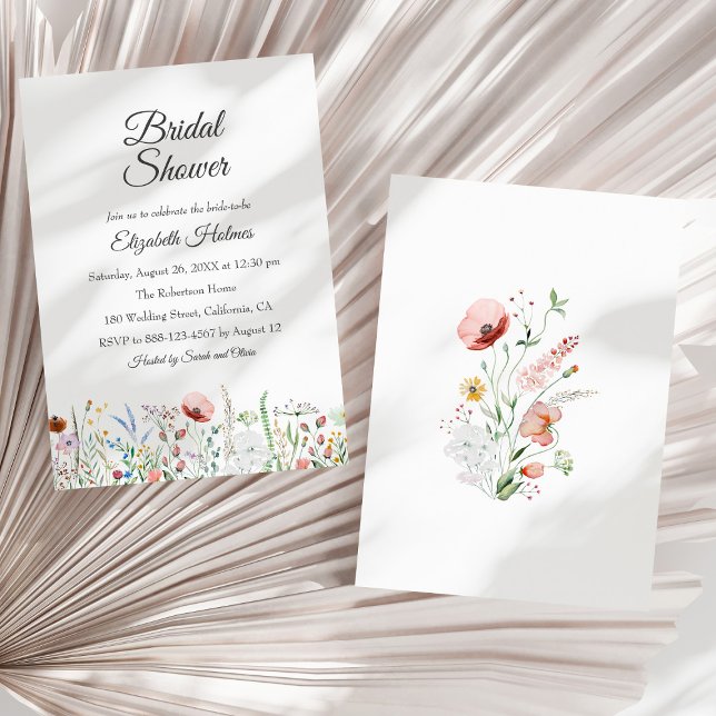 Möhippan Boho Watercolor Wildblommor Inbjudningar (Boho Watercolor Wildflowers Bridal Shower Invitation on a sunny dry white palm leaf.)