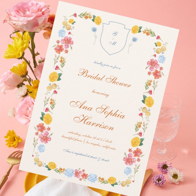 Möhippan Bright Wildblommor Vapensköld Monogram Inbjudningar (Skapare uppladdad)