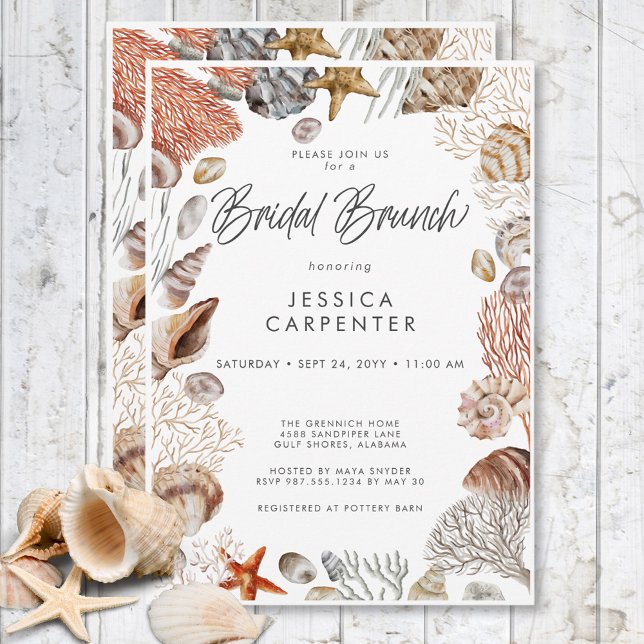 Möhippan Brunch för den moderna Tropiska havsskal  Inbjudningar (Modern Tropical Seashell Frame Bridal Brunch Invitation)