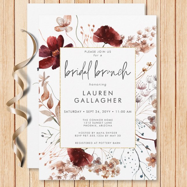 Möhippan Brunch för Modern Fall Rust Wildblomma Ra Inbjudningar (Modern Fall Rust Wildflower Frame Bridal Brunch Invitation)