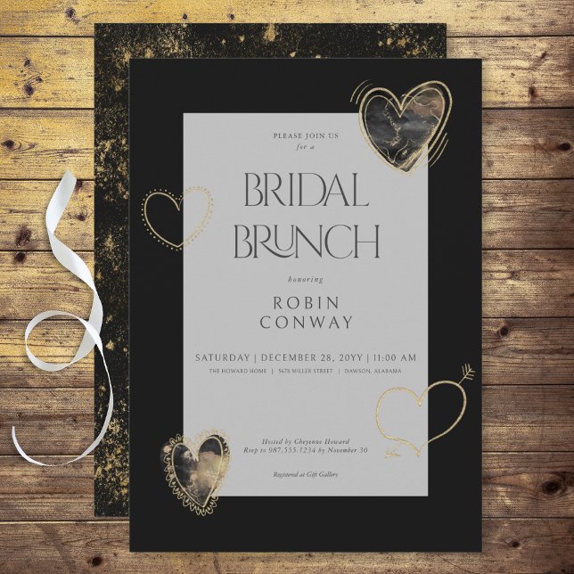 Möhippan Brunch för Modern Minimal Black & Guld He Inbjudningar (Modern Minimal Black & Gold Hearts Bridal Brunch Invitation)