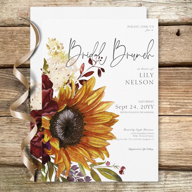 Möhippan Brunch för Rustic Sunblommor & Burgundy B Inbjudningar (Rustic Sunflowers & Burgundy Floral Bridal Brunch Invitation)