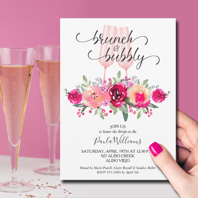 Möhippan Brunch och Bubby Blommigt Inbjudningar (Brunch and Bubbly champagne flutes and floral bridal shower invitations)