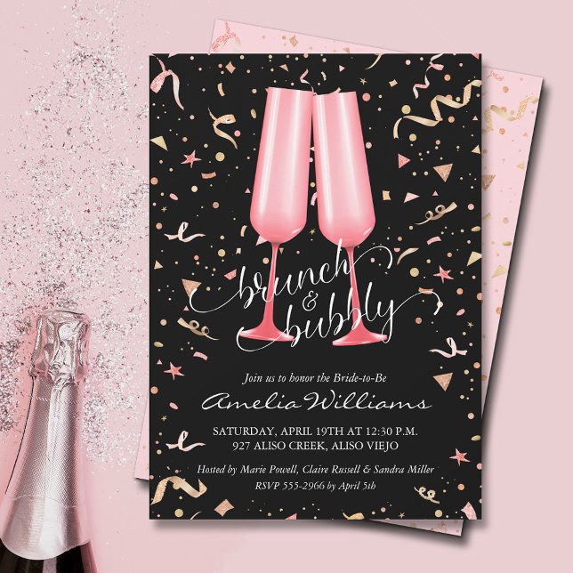 Möhippan Brunch och Bubby Inbjudningar (Brunch and bubbly pink champagne glasses and streamers on black bridal shower invitations)