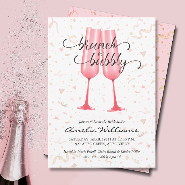 Möhippan Brunch och Bubby Inbjudningar (Brunch and bubbly pink champagne glasses and streamers bridal shower invitations)