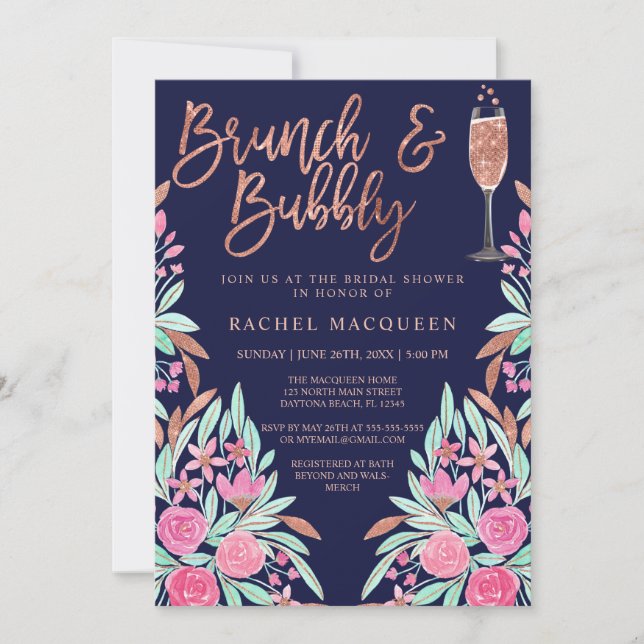 Möhippan Brunch och Bubly Blommigt Glitter Inbjudningar (Framsida)