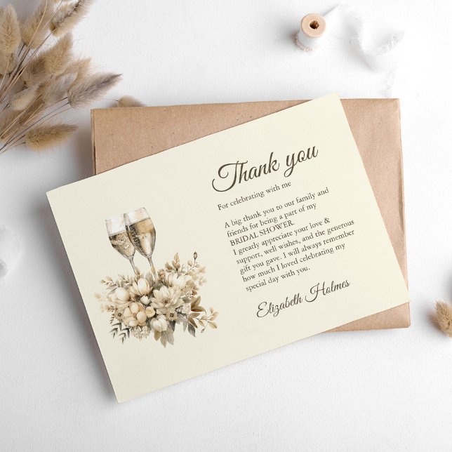 Möhippan Brunch och BubLY Champagne Flowers Tack Kort (Brunch and Bubbly Champagne Flowers Bridal Shower Thank You Card on a boho white table.)