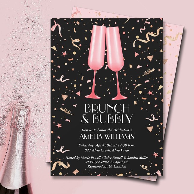 Möhippan Brunch och Bubly Flutes Inbjudningar (Brunch and bubbly pink champagne glasses and streamers on black bridal shower invitations)
