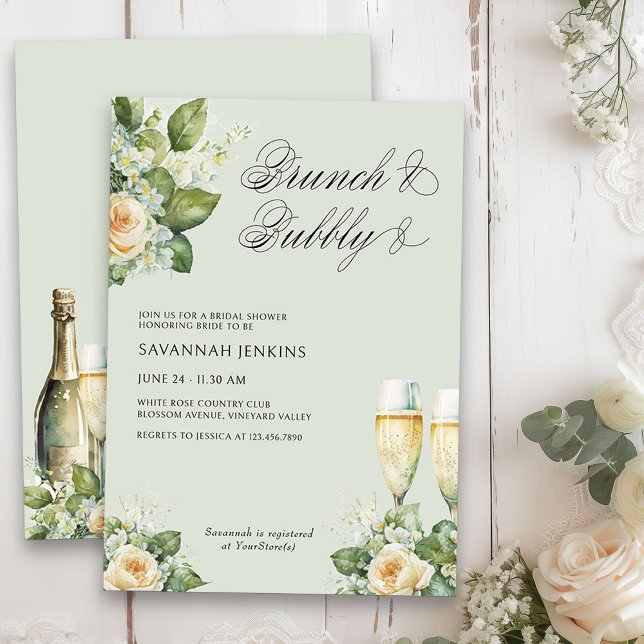 Möhippan Brunch och Ro Champagne Inbjudningar (Brunch & Bubbly Champagne Bridal Shower Invitation on light sage green)
