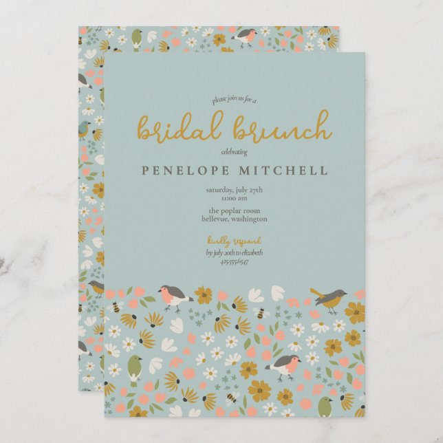 Möhippan Brunch Shower för fågel och bin-Blommigta Inbjudningar (Fram/baksida)