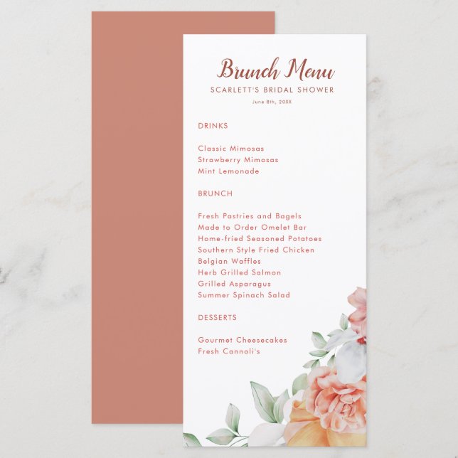 Möhippan Brunch Shower för koral Rosa Blommigt  Meny (Fram/baksida)