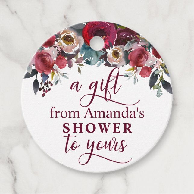 Möhippan Burgundy-Blommigt för vattenfärg Gåvor Etiketter (Framsida)