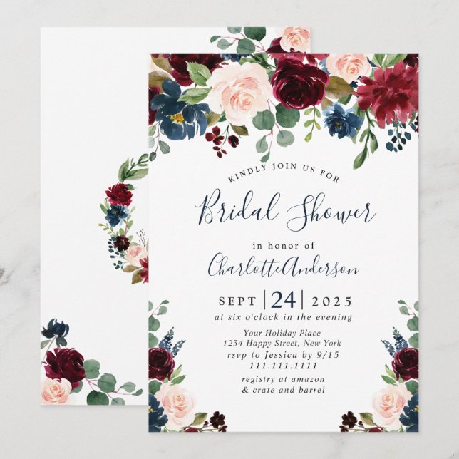 Möhippan Burgundy Navy Blue  Flowers Inbjudningar (Fram/baksida)