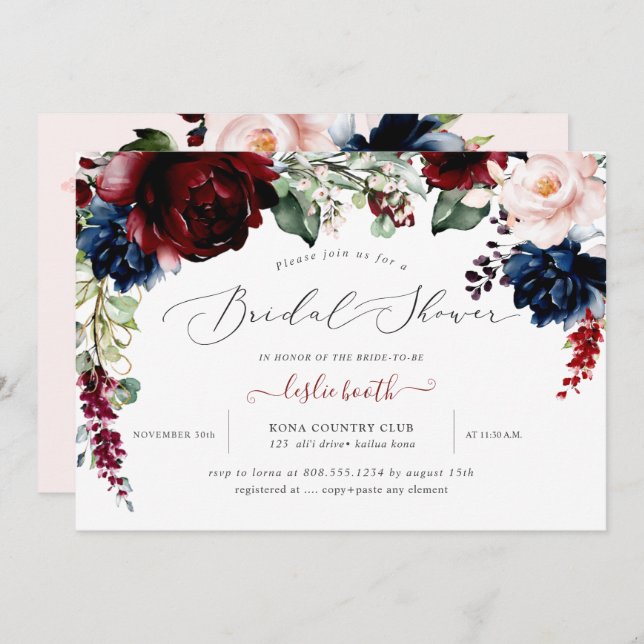 Möhippan Burgundy  Navy Flowers Inbjudningar (Fram/baksida)