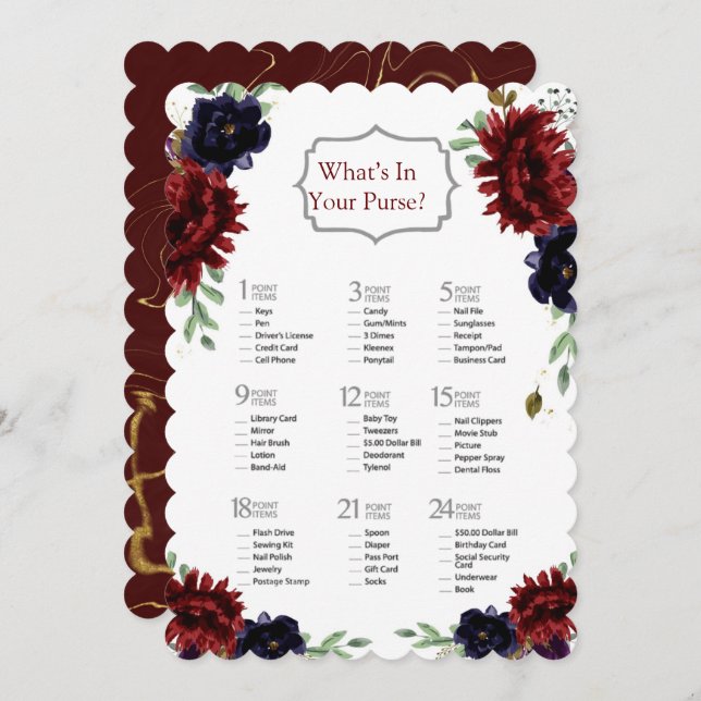 Möhippan Burgundy Navy Peony Guld Inbjudningar (Fram/baksida)