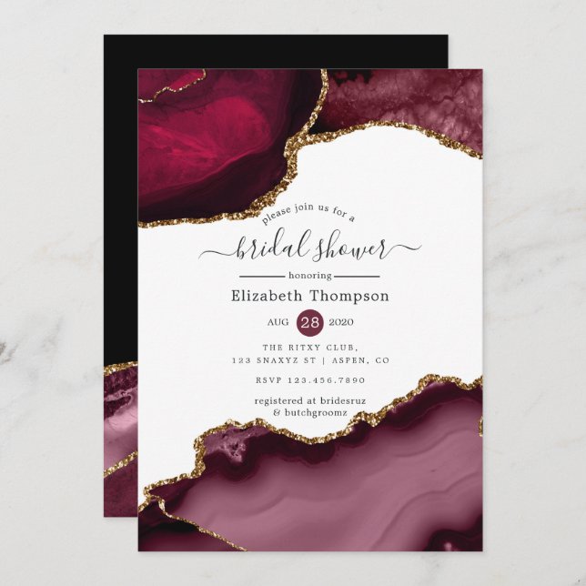 Möhippan Burgundy och Guld Agate Inbjudningar (Fram/baksida)