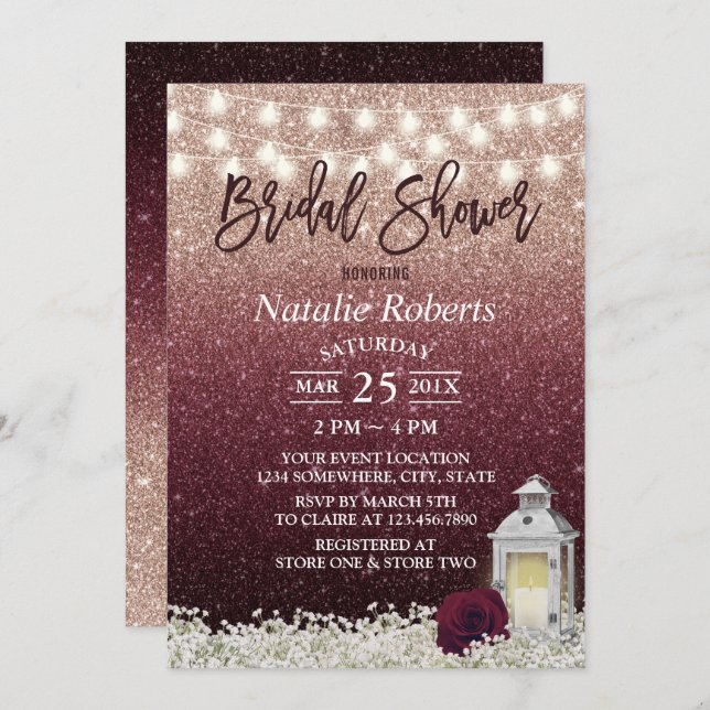 Möhippan Burgundy & Ro Guld White Lantern Inbjudningar (Fram/baksida)