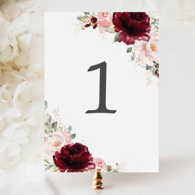 Möhippan Burgundy  Rosa Blommigt Bröllop Bordsnummer (burgundy blush floral table number cards printed for weddings bridal showers birthdays anniversaries)