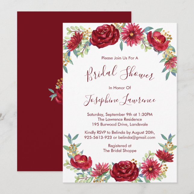 Möhippan Burgundy Watercolor Flowers Inbjudningar (Fram/baksida)