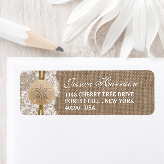 Möhippan Burlap, Snöre och Sand Dollar Beach Returadress Etikett (Insitu)