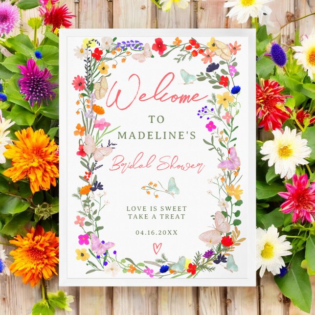 Möhippan Butterflies boho bright wildblommor välko Poster (Butterflies boho bright wildflowers bridal welcome poster)