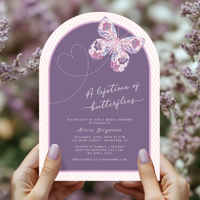 Möhippan Butterflies livslängd Inbjudningar (Shown on a 5" x 7" invitation with Arch shape)