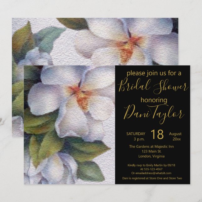 Möhippan chic Watercolor Magnolia Guld Text Inbjudningar (Fram/baksida)