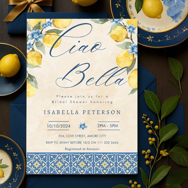 Möhippan Ciao Bella Italienska Blue Tiles Inbjudningar (Ciao Bella Italian Blue Tiles Bridal Shower Invitation)