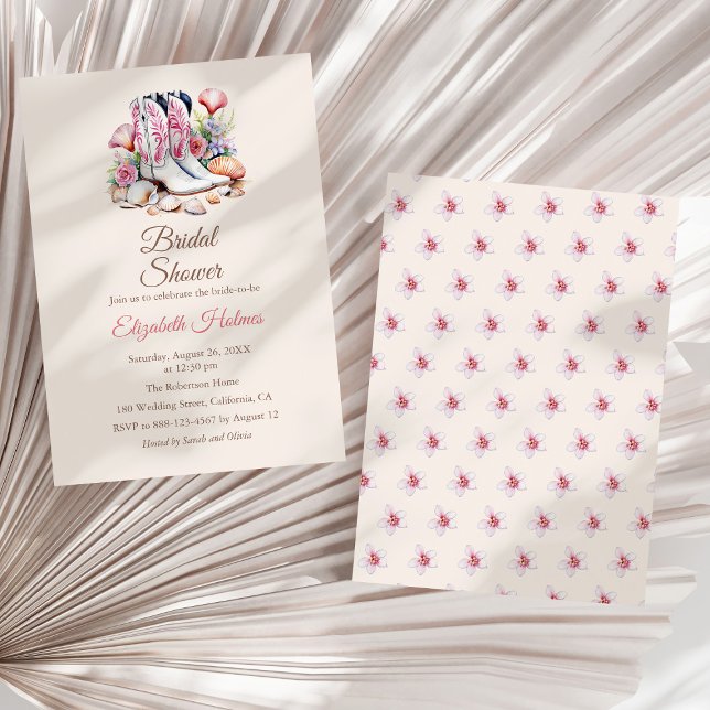 Möhippan Coastal Cowgirl Boots Inbjudningar (Coastal Cowgirl Boots Bridal Shower Invitation on a white dry palm leaf.)