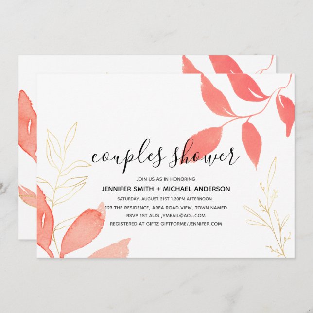 Möhippan Coral Guld Botanical Bröllop Par Inbjudningar (Fram/baksida)