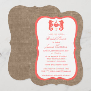 Möhippan Coral Monogram Seahorse Beach Burlap Inbjudningar