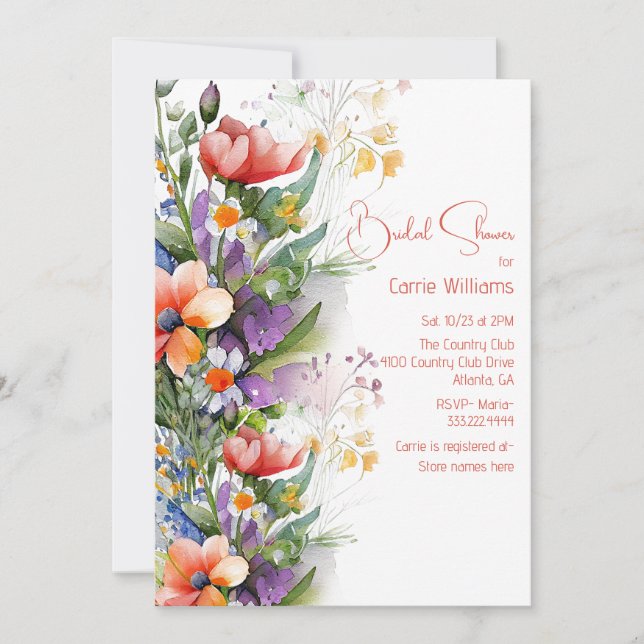 Möhippan Coral och Lila Wildblommor Inbjudningar (Framsida)