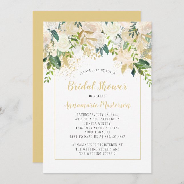 Möhippan Cream Vit ros Guld accents Inbjudningar (Fram/baksida)