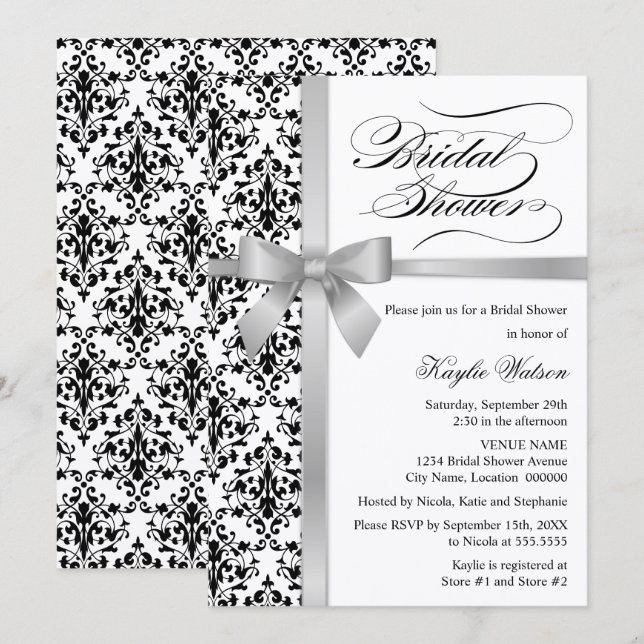 Möhippan Damask Faux Silver Ribbon Inbjudningar (Fram/baksida)