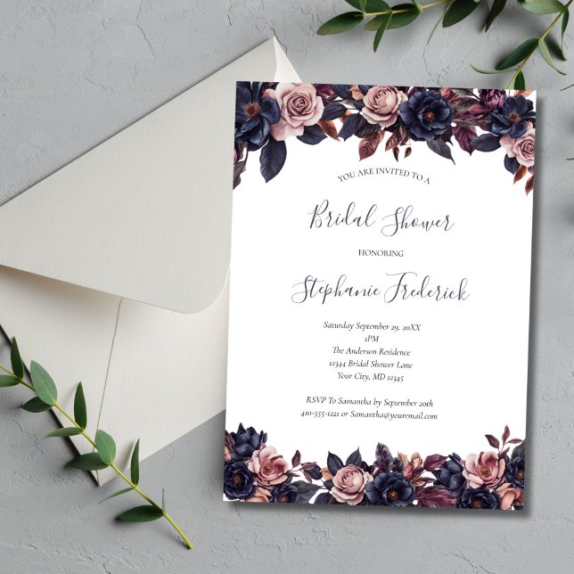 Möhippan Deep Lila Dusty Ro Moody Blommigt Inbjudningar (Deep Floral Dusty Rose Moody Watercolor Florals Bridal Shower Invitation)