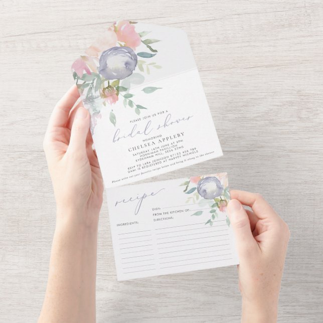 Möhippan Dusty Blue Blommigt Recipe Card Inbjudan (Avrivbar del)