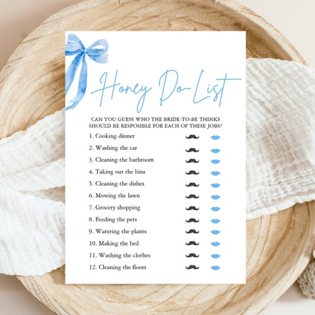 Möhippan Dusty Blue Bow Honung Do List Inbjudningar (Modern Watercoior Dusty Blue Bow Honey Do List Bridal Shower Game)