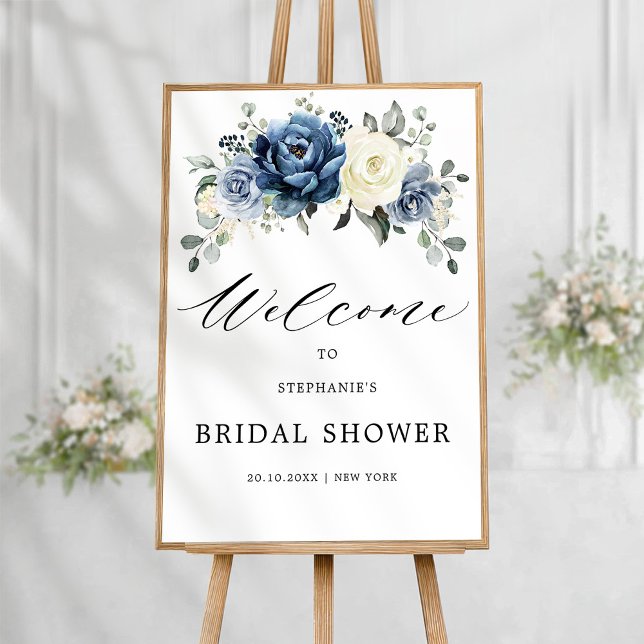 Möhippan Dusty Blue Champagne Ivory Välkommen Poster (Dusty Blue Champagne Ivory Bridal Shower Welcome Poster)