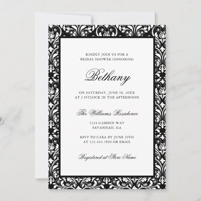 Möhippan elegant Classic Black White Damask Inbjudningar (Framsida)