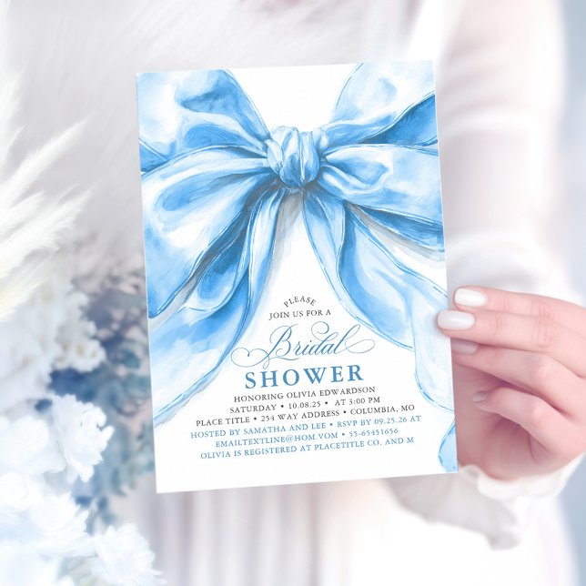 Möhippan elegant för stor, blå bas inbjudningar (Blue Bow Bridal Shower Invitation)