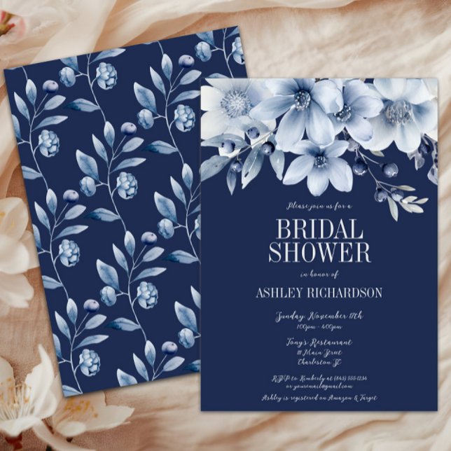 Möhippan elegant - marin och ljusblå Blommigt Inbjudningar (Azure Blue Navy Floral Bridal Shower Invitation, Winter Wedding Shower, Fall Autumn Flowers, Elegant)