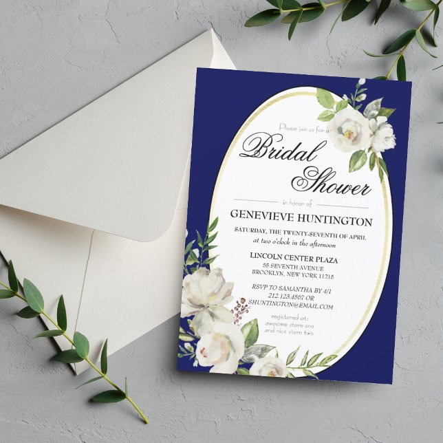 Möhippan elegant Navy Blue Blommigt Guld Inbjudningar (Elegant Blue White Rose Bridal Shower Invitation
)